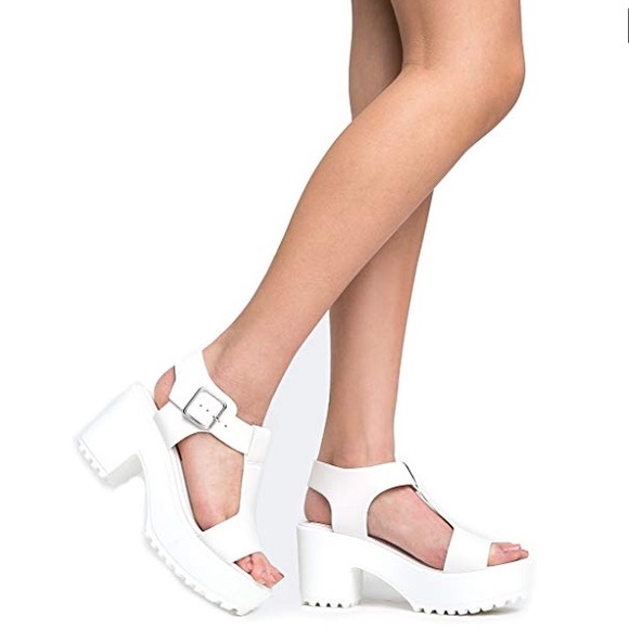 Chunky Lug Heel Platform Heel Sandals White - Picture 5 of 8